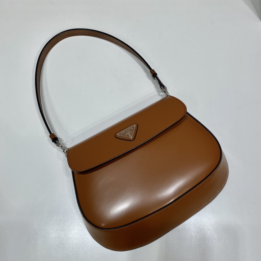 Prada Cleo Brushed Leather Shoulder Bag With Flap Brown 1BD311